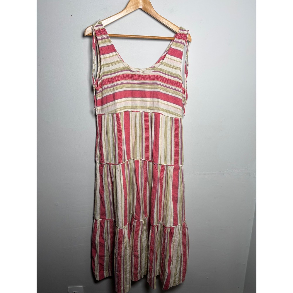 Faherty Pink Green Striped Organic Cotton Linen Tiered Midi Dress S